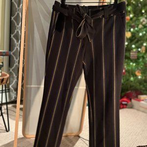 LOFT Navy Striped Dress Pant with Cuffed Leg and Tie Belt